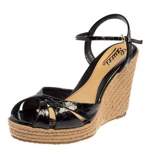Gucci Black Patent Leather Wedge Sandals espadrille shoes heels